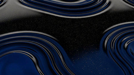 A visually striking abstract featuring undulating waves of dark blue liquid. The surface is highly reflective and glossy, creating smooth, flowing curves that mimic natural water or molten metal. Scattered within the dark background are tiny, shimmering specks resembling distant stars, adding a cosmic or ethereal dimension. The interplay of light and shadow on the fluid forms creates a sense of depth and sophistication.の素材