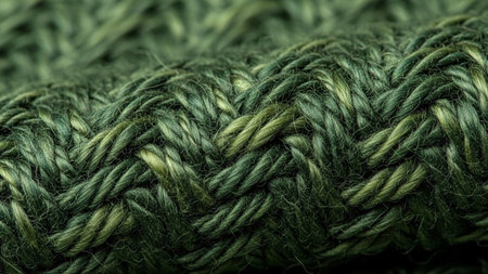 An extreme close-up, macro captures the intricate texture of a thick, braided rope made from natural jute fibers. The rope is a rich blend of green and khaki tones, showcasing the detailed weaving pattern where multiple strands intertwine. The rough, coarse texture of the jute is highly detailed, emphasizing its organic and earthy qualities. highlights the strength and durability of the making it themes related to nature, crafts, or rustic aesthetics.の素材