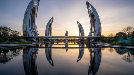 captures a scene of futuristic architectural structures set against a vibrant sunset sky. The unique, organic-shaped buildings, constructed with glass and metal, rise elegantly from a meticulously landscaped area. A still body of water in the foreground perfectly reflects the striking architecture and the warm hues of the sunset, creating a symmetrical and serene composition. The overall atmosphere is one of awe-inspiring innovation and harmonious integration with nature.の素材
