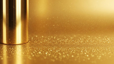 a close-up view of a metallic gold cylinder positioned on the left side, with a background filled with shimmering gold glitter particles. The particles create a bokeh effect, suggesting soft, diffused light and a festive atmosphere. The overall impression is one of luxury, warmth, and celebration, with the polished metallic surface of the cylinder reflecting the golden light. The composition is abstract and visually rich, various purposes.の素材