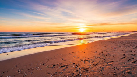 A golden sunset paints the sky with vibrant hues of orange and yellow over a serene beach. Gentle waves softly lap the shore, leaving the wet sand glistening with reflections of the warm light. Scattered seashells dot the foreground, adding natural detail to the tranquil scene. A few birds can be seen flying in the distance, silhouetted against the colorful sky. captures a moment of peaceful beauty at the end of the day.の素材