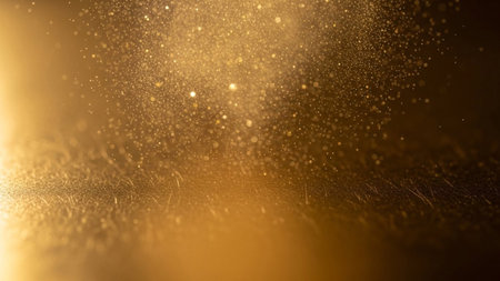 This abstract a rich, golden hue with countless tiny sparkling particles and soft bokeh lights scattered throughout. The foreground has a textured, slightly blurred appearance, suggesting a surface. The overall effect is one of luxury, magic, and celebration, with a warm, inviting glow. The depth of field is shallow, attention to the luminous dust and bokeh.の素材