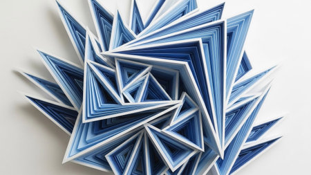 a striking abstract sculpture crafted from layered paper. The is composed of numerous geometric triangular shapes, meticulously cut and arranged to create a sense of depth and complexity. The color palette consists of various shades of blue, transitioning from deep navy to light sky blue, contrasted with crisp white edges. The precise folding and stacking of the paper create sharp lines and intricate patterns, forming a visually and modern piece ofの素材
