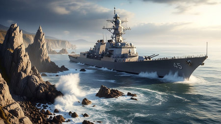 A modern naval destroyer, identified by the number 45 on its hull, sails through choppy ocean waters near a rugged, rocky coastline. The setting sun casts a dramatic glow over the scene, illuminating the clouds and the sea with warm, golden hues. Waves crash against the sharp rocks, creating white spray and foam that highlight the power of the sea. The ship, with its intricate details and imposing structure, appears to be navigating through a challenging but scenic environment.の素材