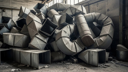 A large, chaotic pile of discarded industrial metal ventilation ducts dominates the frame. The ducts, made of weathered and dusty metal, are of various shapes and sizes, including square and cylindrical sections, some bent and twisted. They are situated in what appears to be a derelict building or warehouse, with crumbling concrete floors and a general atmosphere of decay and abandonment. The lighting is dim, casting shadows and emphasizing the textures of rust and grime.の素材