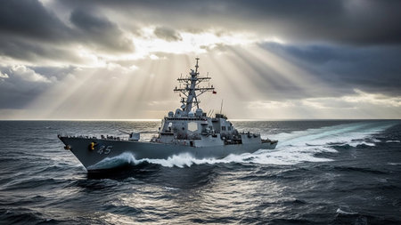 A powerful naval destroyer ship navigates through choppy, dark ocean waters under a dramatic sky. Shafts of sunlight pierce through the heavy clouds, illuminating the vessel and creating a striking contrast with the turbulent sea. White foam and spray erupt from the bow as the ship cuts through the waves, showcasing its speed and might. The scene evokes a sense of strength, resilience, and the vastness of the ocean.の素材