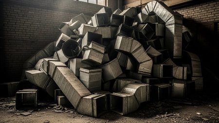A large, chaotic pile of old, galvanized metal ventilation ducts fills the center of a dark, dusty industrial space. The ducts are of various shapes and sizes, including square and rectangular sections, elbows, and connectors, all stacked haphazardly. The surrounding environment appears to be an abandoned warehouse with rough brick walls and a concrete floor littered with debris. The lighting is dim and dramatic, casting long shadows and highlighting the textures of the metal and the gritty...の素材