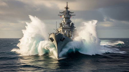 A powerful battleship cuts through large, dramatic ocean waves, sending a massive spray of water into the air. The imposing vessel is viewed from the front, showcasing its strength and the dynamic force of the sea. The scene conveys a sense of power, movement, and intense maritime action.の素材