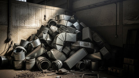 A large, chaotic pile of various industrial metal ventilation ducts and pipes dominates the frame. The scene is set in a dimly lit, possibly abandoned workshop or warehouse, with stark lighting casting long shadows. The metal surfaces appear weathered and grimy, suggesting a sense of disuse and industrial decay.の素材