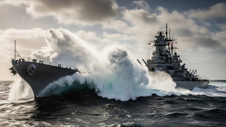 A powerful warship navigates through rough seas, with massive waves crashing against its hull, creating a dramatic display of sea spray and foam. The sky above is filled with dark, dramatic clouds, adding to the intense and imposing atmosphere. The battleship's imposing structure is visible, showcasing its strength and resilience against the turbulent ocean. captures a moment of raw power and maritime might.の素材
