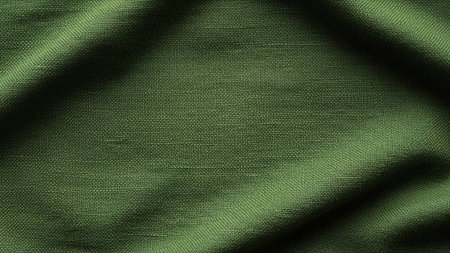 A detailed view of a rich, dark green woven fabric. The texture reveals a distinct weave pattern with visible threads. The fabric is artfully draped, creating soft, undulating folds and subtle shadows that add depth and dimension. The color is a deep, earthy green, evoking a sense of nature and sophistication. is backgrounds, textures, or showcasing qualities.の素材