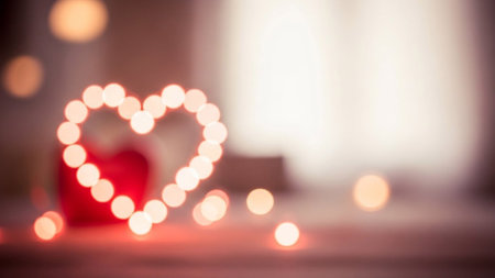 A softly focused a heart shape outlined by numerous small, glowing lights. The lights are predominantly red and pink, creating a warm and romantic ambiance. A blurred red is visible within the heart shape. The background is a soft, diffused light, with more bokeh circles scattered throughout the scene, enhancing the dreamy and ethereal of the This visual evokes feelings of love, warmth, and celebration.の素材