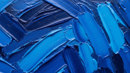 A close-up, abstract view of thick, textured impasto brushstrokes in various shades of blue. The paint is applied with visible strokes, creating a dynamic and tactile surface. The colors range from deep navy and indigo to lighter sky blues and hints of teal, layered and overlapping on a textured canvas. emphasizes the materiality of the paint and the expressive of the brushwork.の素材