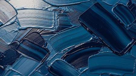 showcases a close-up view of thick, textured impasto oil paint applied with a palette knife. The strokes are layered and varied in direction, creating a dynamic and tactile surface. Dominant colors include deep blues, navy, indigo, and hints of grey and white, forming a rich and abstract composition. The texture is prominent, with visible ridges and valleys from the paint application, suggesting a bold and expressive artistic process.の素材