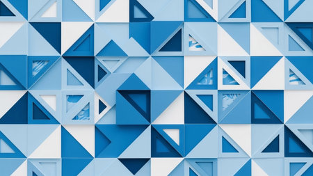 A vibrant and clean abstract geometric pattern composed of interlocking triangles and squares in various shades of blue and white. The shapes are precisely arranged, creating a sense of order and visual rhythm. Some are layered, adding depth and dimension to the composition. The color palette is limited to blues and white, offering a cool and modern aesthetic. This is backgrounds, or as a standalone piece of digitalの素材