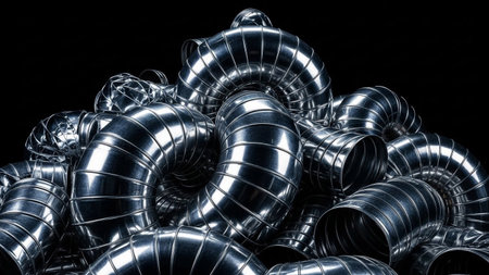 A close-up, high-angle shot showcases a large pile of shiny, metallic flexible ventilation ducts. The ducts are made of a silver, corrugated that reflects light, creating a lustrous sheen. They are arranged in a chaotic yet visually appealing heap, with various curves and twists visible. The background is a deep, solid black, which makes the metallic stand out prominently. The lighting emphasizes the texture and reflective qualities of the metal, highlighting the industrial nature of the...の素材