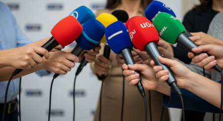Holding showing a group of hands holding various colorful microphones with foam windscreens at a press conference....の素材