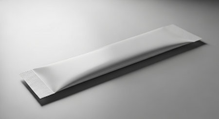 Products showing blank white rectangular sachet packet for powdered products on a smooth gray surface.の素材