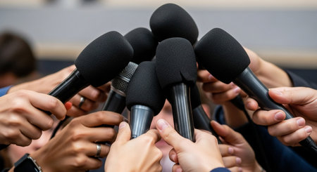 Multiple showing cluster of black microphones held by multiple hands in a press conference setting. resolution...の素材