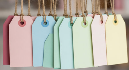 showing collection of pastel colored paper gift tags hanging on twine strings for sale or labeling purposes...の素材