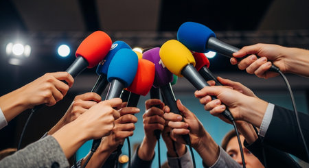 showing crowd of hands holding colorful microphones at a press conference or media event. resolution...の素材