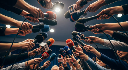 A close-up view of many hands holding various microphones and recorders, suggesting a press conference.の素材