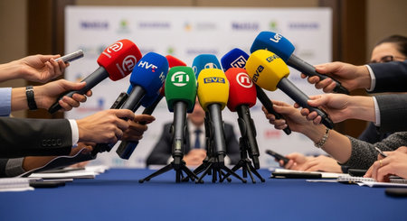 showing journalists holding microphones at a press conference with many different media visible.の素材