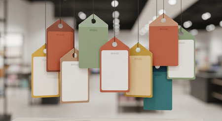 showing hanging price tags and labels in various earthy tones and shapes on a blurred retail background.の素材