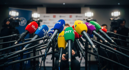 showing press conference microphones array with different colored and stands in a dark room. resolution...の素材