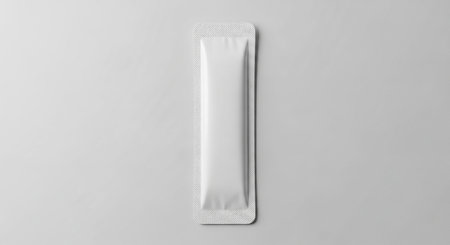 A single white rectangular sachet packet with textured edges is centered on a light gray background.の素材