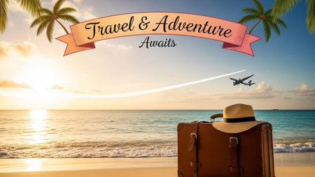 A vintage leather suitcase and a straw hat rest on a sandy beach, overlooking a tranquil ocean at sunset. Palm trees frame the scene, and a distant airplane leaves a contrail across the colorful sky, evoking a sense of adventure and escape. The warm golden light reflects on the water, creating a serene and inviting atmosphere for a dream vacation.の素材