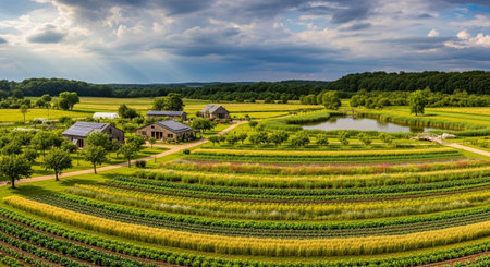 An aerial view of a colorful farm with patterned crop rows, buildings, and a pond under clouds.の素材
