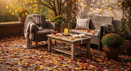 A cozy autumn patio wicker furniture adorned with fallen leaves, a lit candle, and warm string lights overhead.の素材