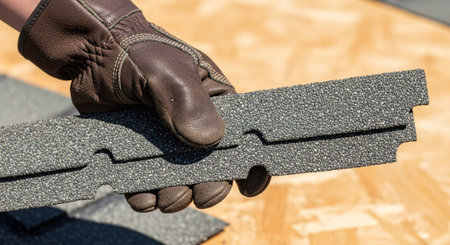 Hand wearing a brown leather work glove holding a gray asphalt roofing shingle with a textured surface.の素材