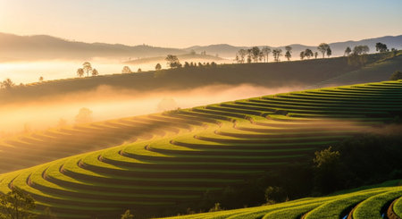 Lush showing lush green terraced rice paddies in a misty mountain landscape at sunrise. resolutionの素材