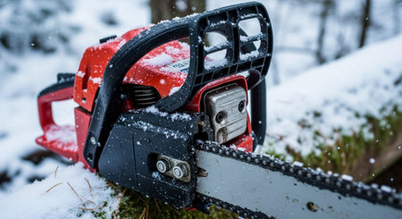 A red and black chainsaw lies on a snow-covered log in a winter forest, with snowflakes falling around it.の素材