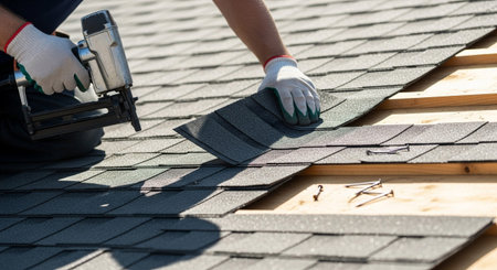 A roofer's hands in white gloves operate a nail gun, attaching dark gray asphalt shingles to a wooden roof structure.の素材