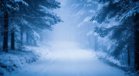 A snow-covered forest path winds through dense pine trees under a misty blue sky, creating a tranquil winter atmosphere.の素材