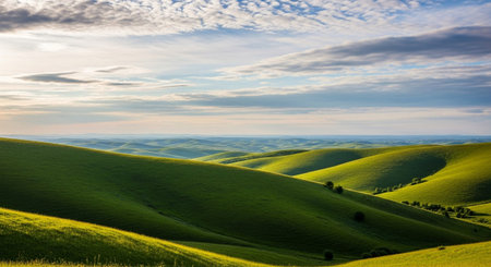 Under showing sunlit rolling green hills under a dramatic cloudy sky with distant hazy mountains. resolution...の素材