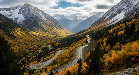 A winding asphalt road carves through a vibrant valley filled with golden autumn trees, leading towards snow-capped...の素材