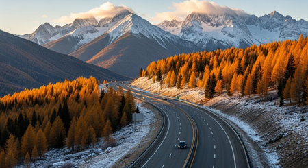 A multi-lane highway winds through a mountain landscape with vibrant autumn trees and snow-covered peaks under a...の素材