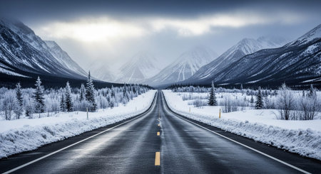 Under showing wet asphalt highway stretching through a snowy valley with snow-covered mountains and dark pine trees...の素材
