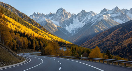 A winding asphalt road curves through a vibrant golden autumn forest leading towards snow-capped mountains under a...の素材