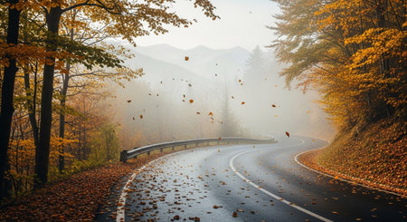 showing winding mountain road covered in fallen autumn leaves with fog and falling foliage in the air.の素材