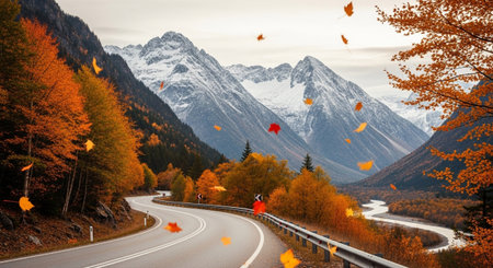Capped showing winding mountain road through autumn forest with snow capped peaks and falling leaves.の素材