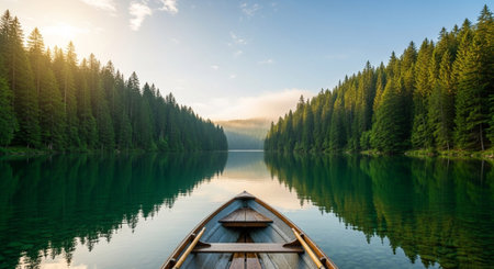 A wooden rowboat on a calm lake surrounded by a dense green pine forest under a bright sky.の素材