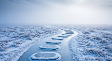 A winding pathway of stepping stones emerges from a frozen, misty landscape covered in frost and ice.の素材