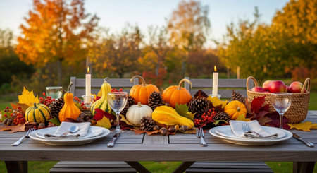 A beautifully set outdoor dining table for autumn harvest. Decorated with various pumpkins, gourds, colorful fall leaves, pinecones, and berries. Two place settings with plates, cutlery, and glasses are visible, along with lit candles casting a warm glow. In the background, trees with vibrant autumn foliage and a clear sky create a picturesque setting.の素材