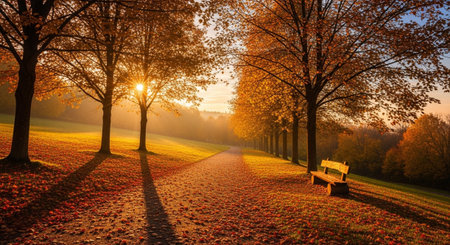 A picturesque autumn park scene unfolds at sunset, with a winding pathway leading through trees adorned in vibrant fall foliage. The warm, golden light of the setting sun casts long shadows across the leaf-strewn ground. A solitary wooden bench sits on the grassy slope, inviting a moment of quiet contemplation. The air is filled with the rich colors of orange, yellow, and red, creating a serene and tranquil atmosphere.の素材