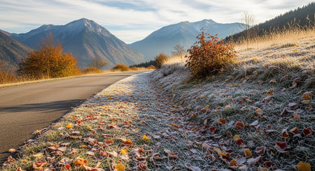 A winding asphalt road curves through a serene mountain valley in autumn. The ground beside the road is covered in frost-kissed grass and fallen leaves in vibrant shades of yellow, orange, and red. mountains rise in the background, bathed in the soft light of the rising sun. The sky is a clear blue with scattered clouds, and the overall atmosphere is one of crisp, peaceful tranquility.の素材